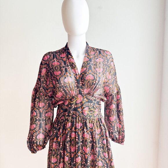 Zara Dark Florals Wrap Long Sleeve Chiffon Maxi Dress S - Picture 2 of 9